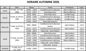 Horaire d'automne 2026