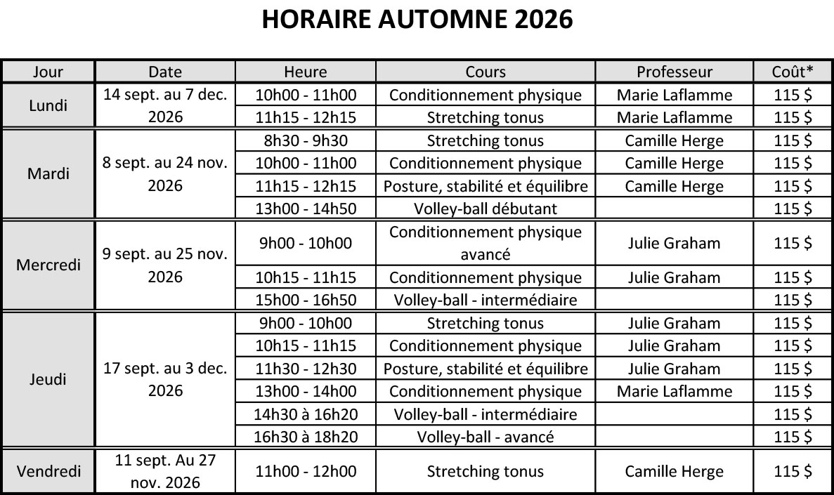 Horaire d'automne 2026