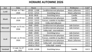 Horaire d'automne 2026